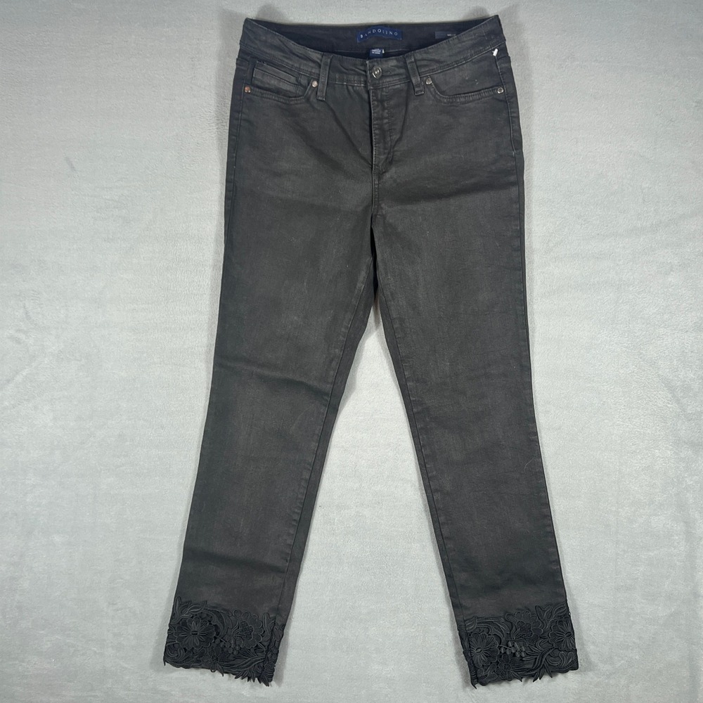 Bandolino Womens Jeans 10 Average Black Millie Straight Leg Floral Lace Hem